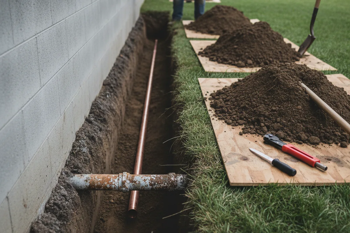 Excavated water line trench during Sewer Line Repair in Richburg